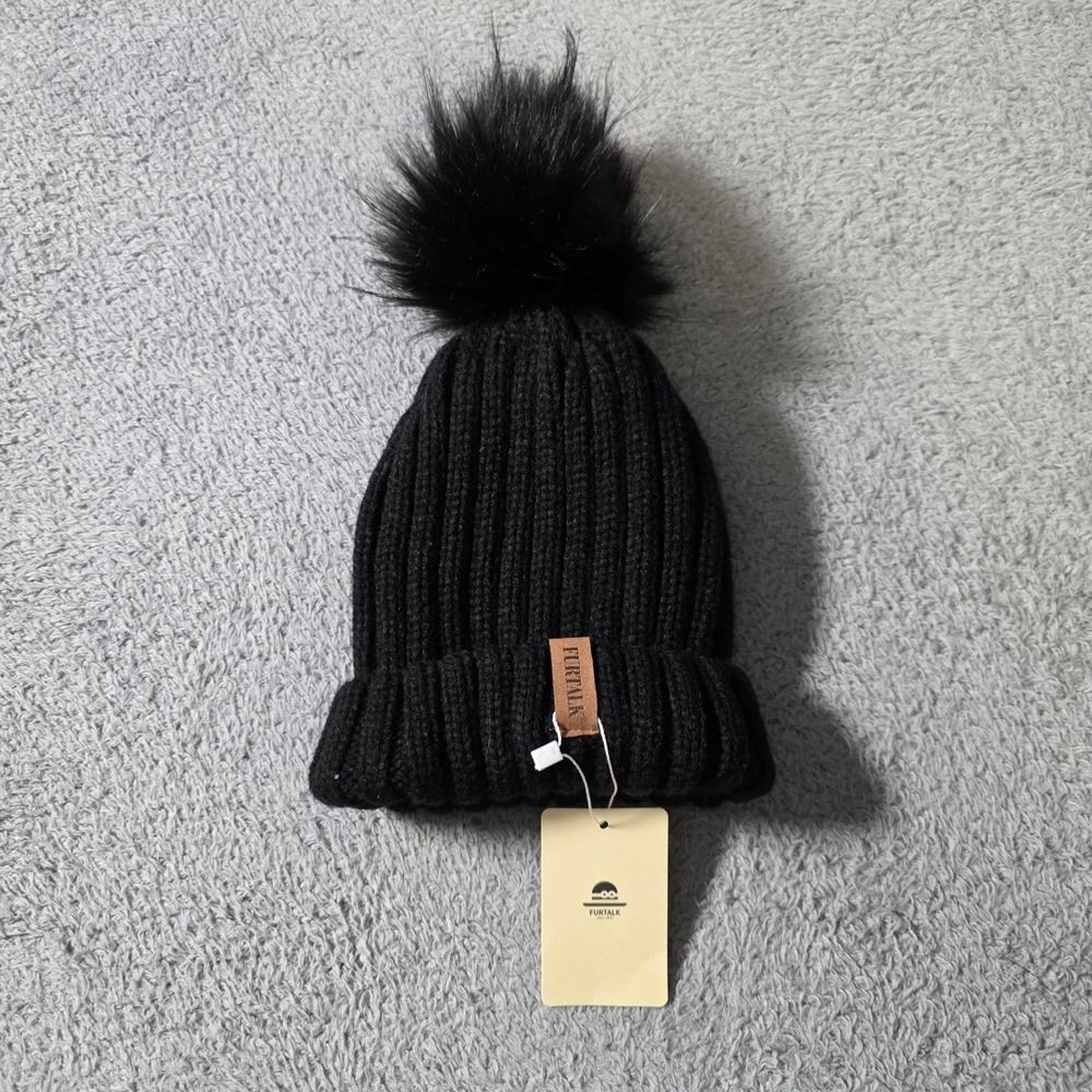 FURTALK Womens OS Beanie Black Ribbed Knit Lined Faux Fur Pom Pom Hat